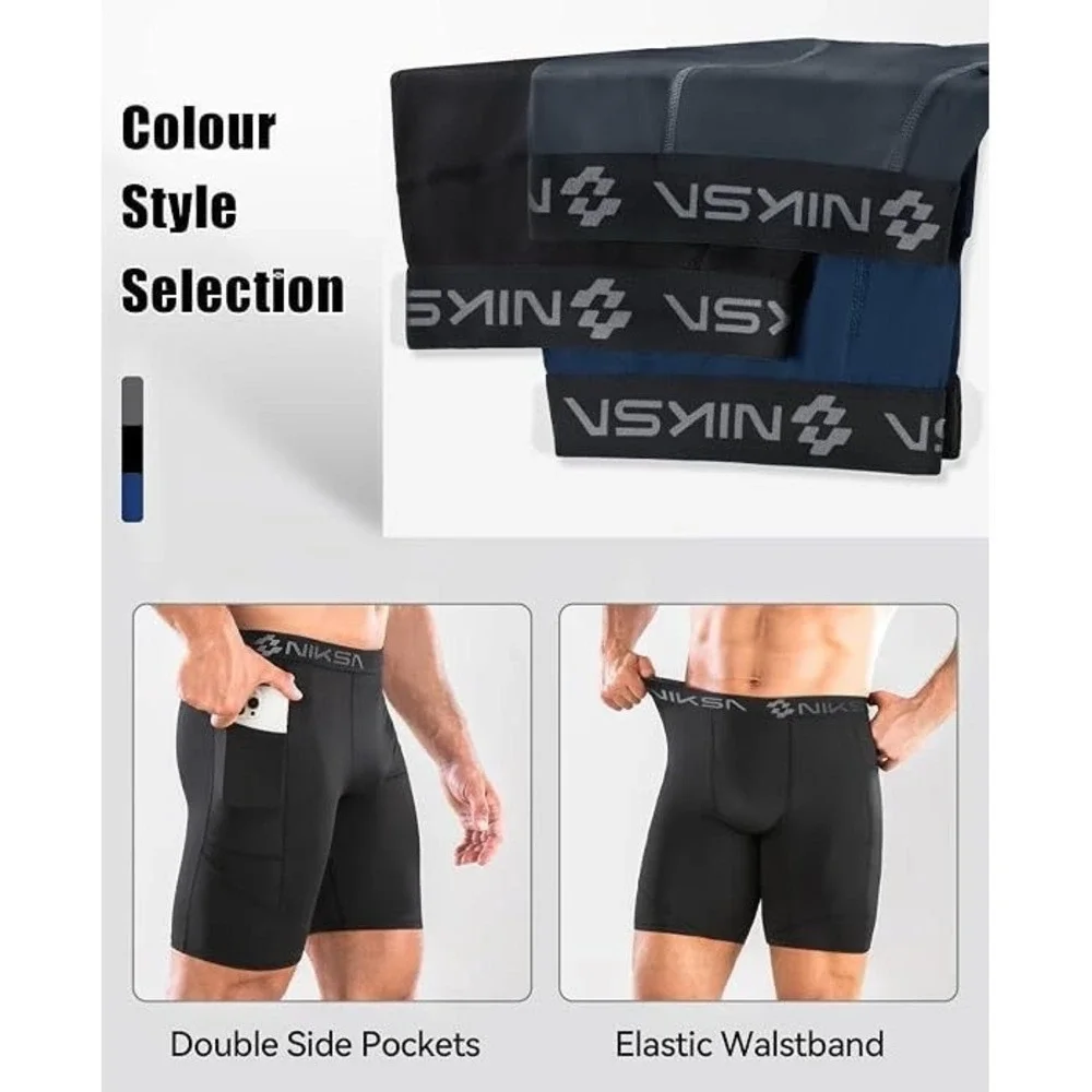 Niksa Men's 2 Pack Performance Athletic Compression Shorts w/ Pockets - Black L